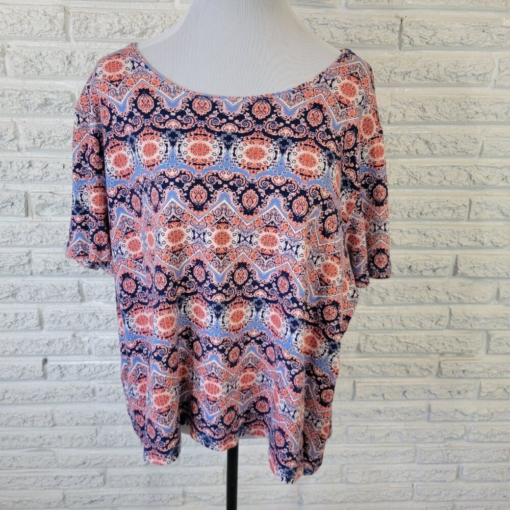 Rebecca Malone Women's 2X Plus Top Tee T-Shirt Blue Pink Geometric GEO234XE